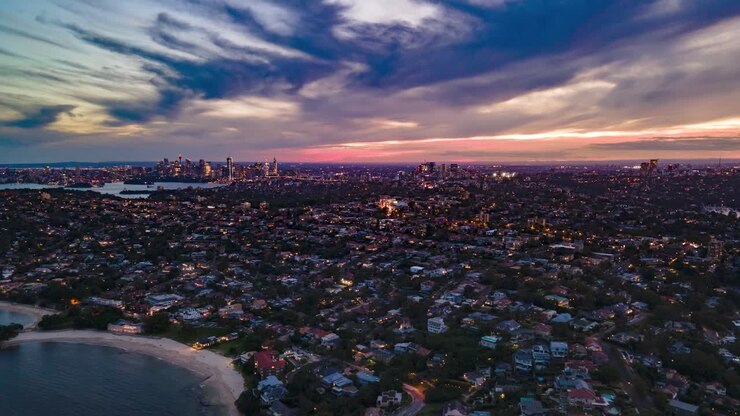 Hyperlapse rộng từ trên không, từ ngày sang đêm, Sydney, tầm nhìn Đông Bắc