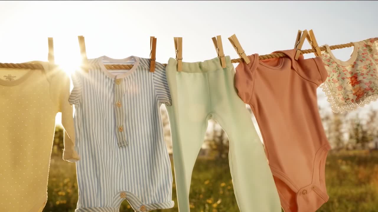 Video of baby clothes on a clothesline at sunset, captured from a low angle