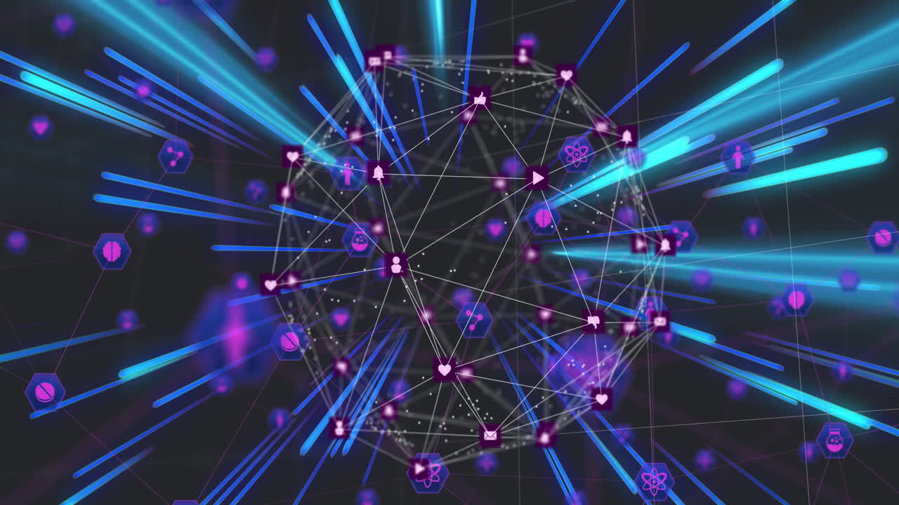 Animation of network of connections with globe over blue neon light trails
