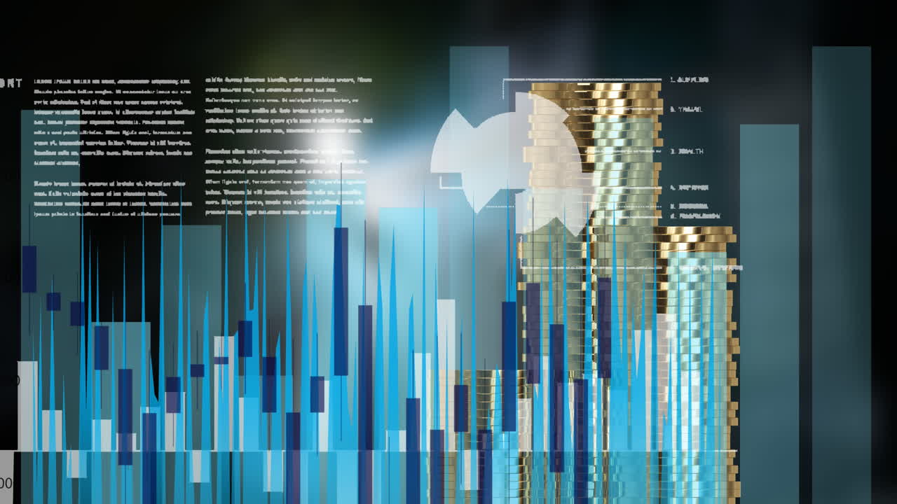 Animation of financial data processing over cityscape
