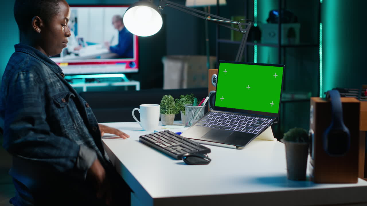 Donna che lavora in home office con laptop e green screen