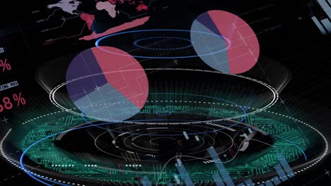 Animation-of-multicolored-infographic-interface-over-illuminated-circles-against-black-background