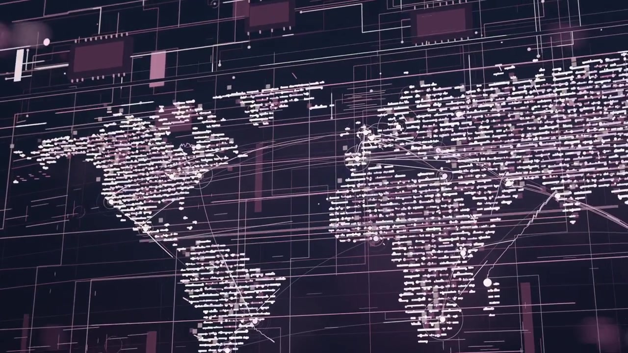 Starting playback, world map showing pulsing arcs and sliding UI blocks to display data flow