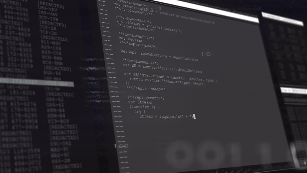 Mørkt panel glider ind og fylder kode, mens binært overlay driver og visualiserer digitalt område