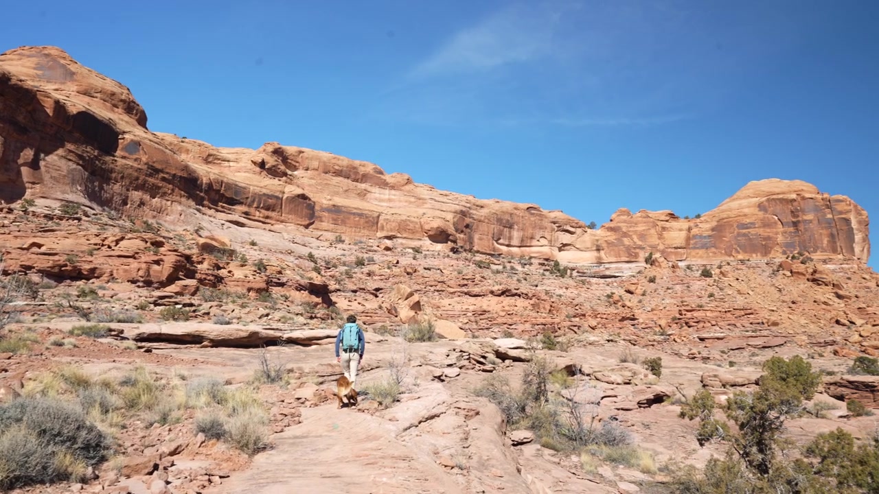 Uomo e cane su un sentiero escursionistico sotto colline di arenaria, punto di partenza del sentiero Jeep e Pinto Arch vicino a Moab, Utah, USA.