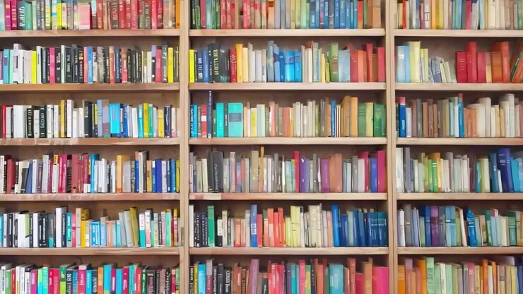 Wide-angle shot of colorful bookshelves filled with various books, creating a vibrant and organized