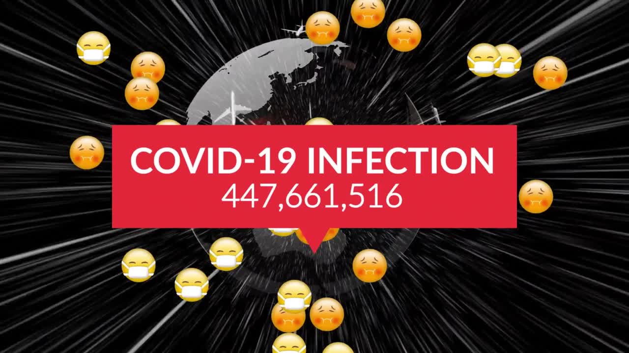Infezione da Covid-19 con casi in aumento ed emoji di volti su scie luminose su sfondo nero