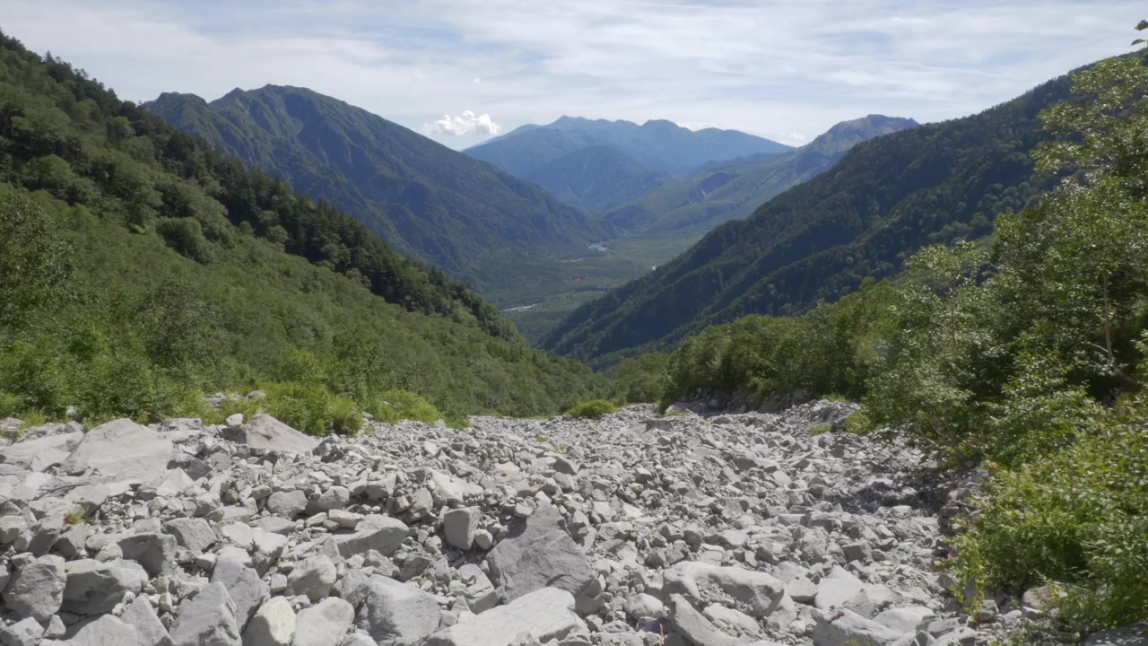 Lereng Talus di Lembah Kamikochi - Taman Nasional Chubu-Sangaku di Nagano, Jepang. - bidikan lebar
