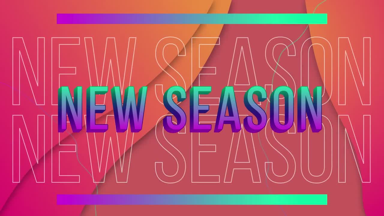 Animación de texto 'nueva temporada' sobre formas sobre fondo rojo