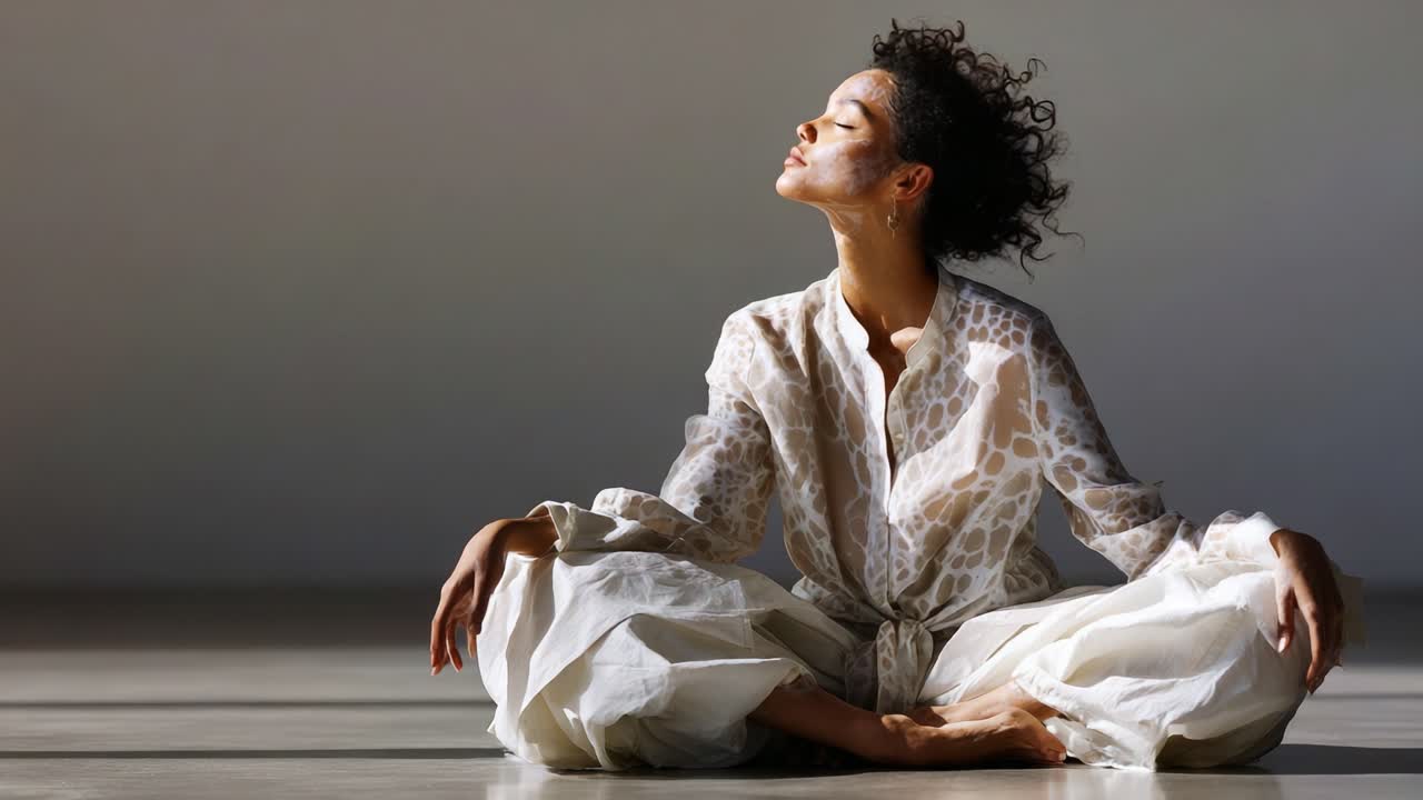 Un momento di tranquillità catturato nella luce, mentre una donna, avvolta in un fluente abito bianco, abbraccia la serenità crogiolandosi al sole, mostrando bellezza e grazia attraverso yoga e meditazione