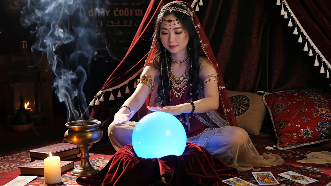 Mystical Fortune Teller with Glowing Crystal Ball and Tarot Cards