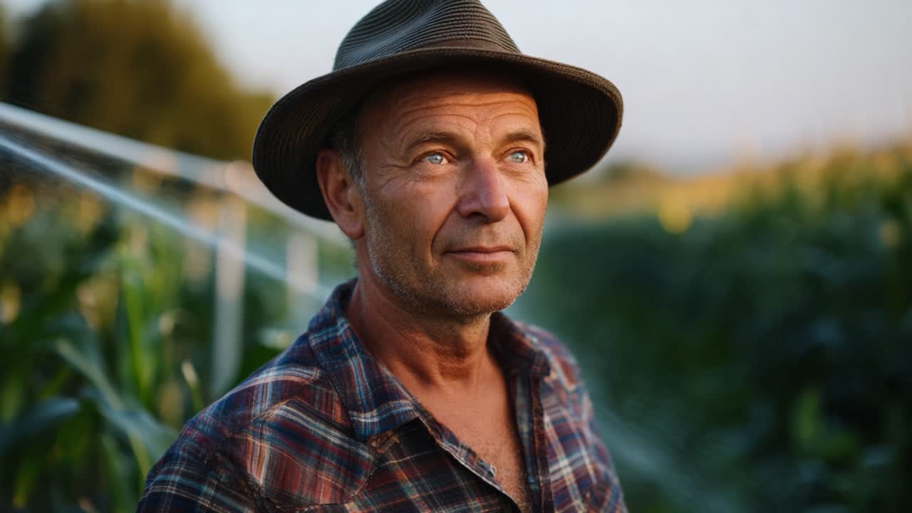 A contemplative farmer stands amidst lush green crops, reflecting on a day's hard work under the warm golden light of the evening sun, wearing a straw hat