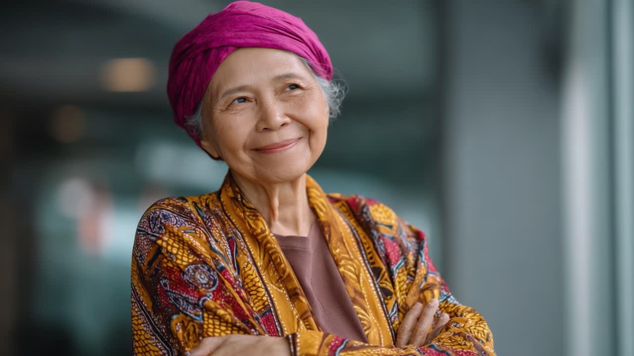 A joyful elderly woman with a vibrant headscarf and colorful attire showing a warm smile as she reflects on life's experiences in a serene environment