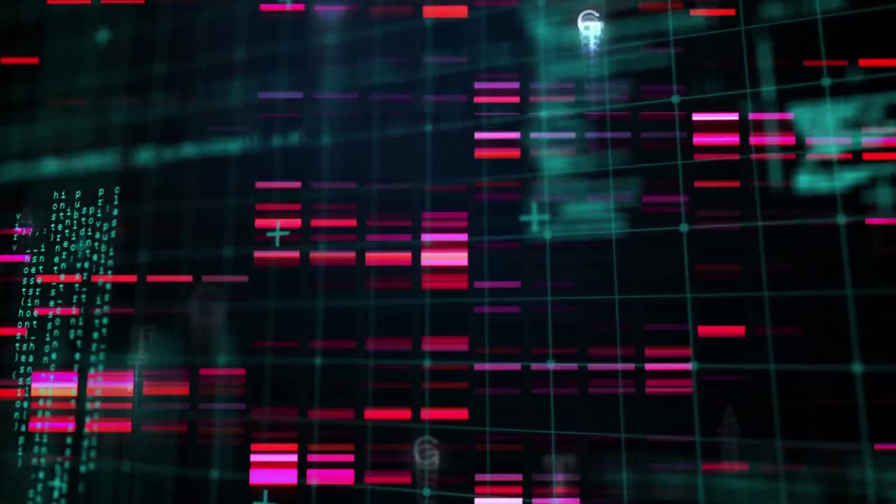 Animazione di elaborazione dati scientifici su sfondo scuro