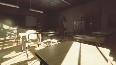 empty classroom with sunlight streaming through windows in afternoon hours