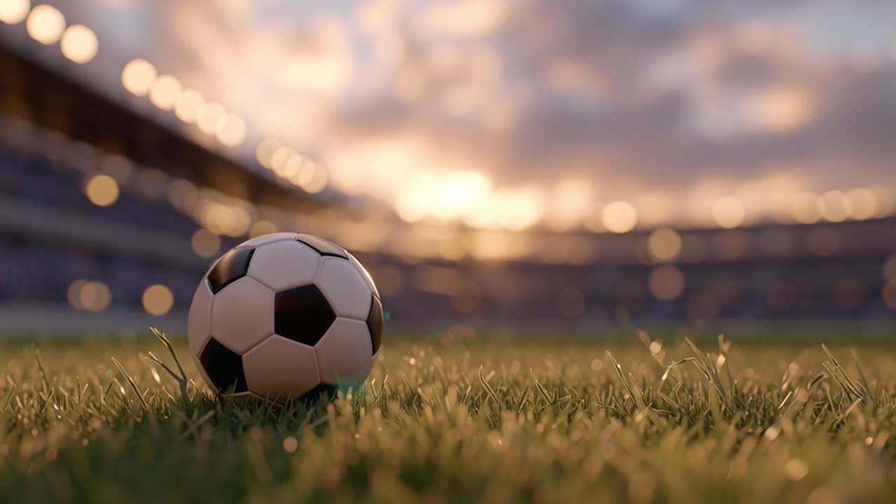 Fodbold på grøn græsbane på stadion ved solnedgang.