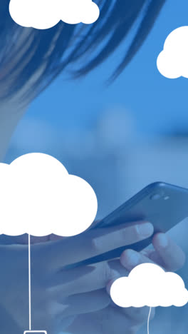 animación de nubes con dispositivos electrónicos sobre una mujer caucásica usando un teléfono inteligente