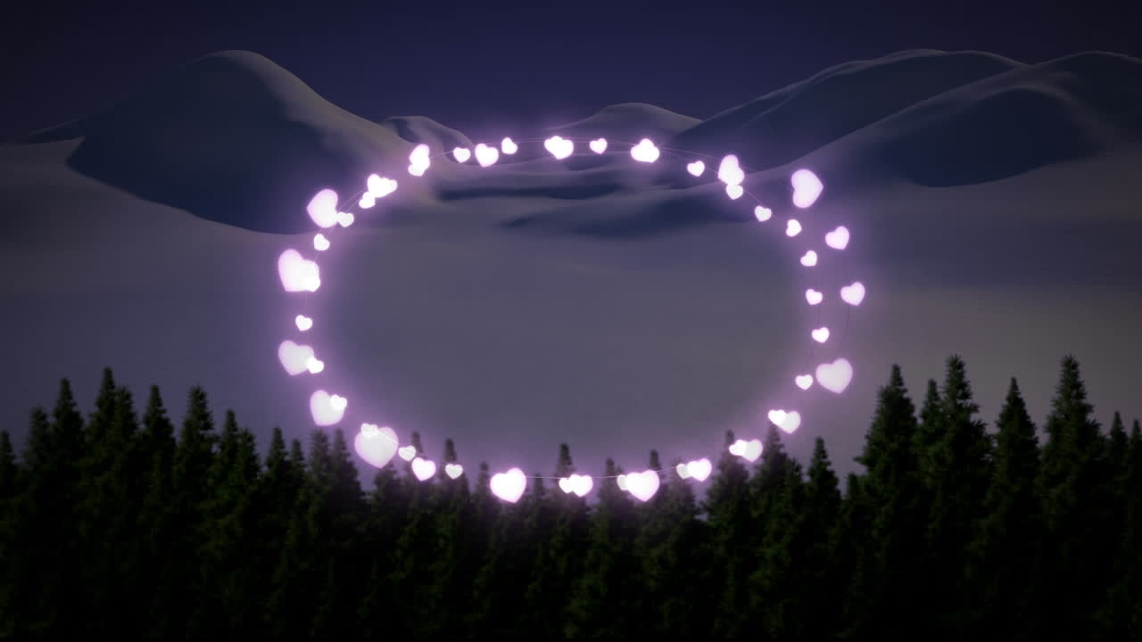 핑크색 심장 모양의 요정 빛은 여러 나무와 함께 겨울 풍경에 대해