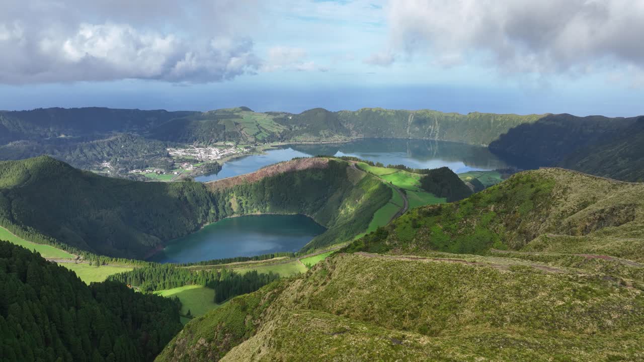 Sete Cidades lake, aerial overview in the Azoren, Sao Miguel, Portugal. Aerial overview.