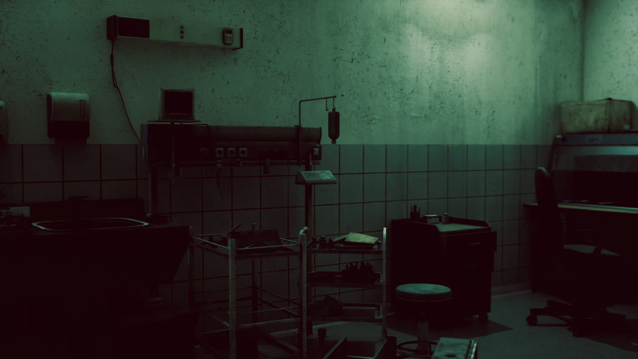 Dimly lit medical room with equipment and unsettling atmosphere at night