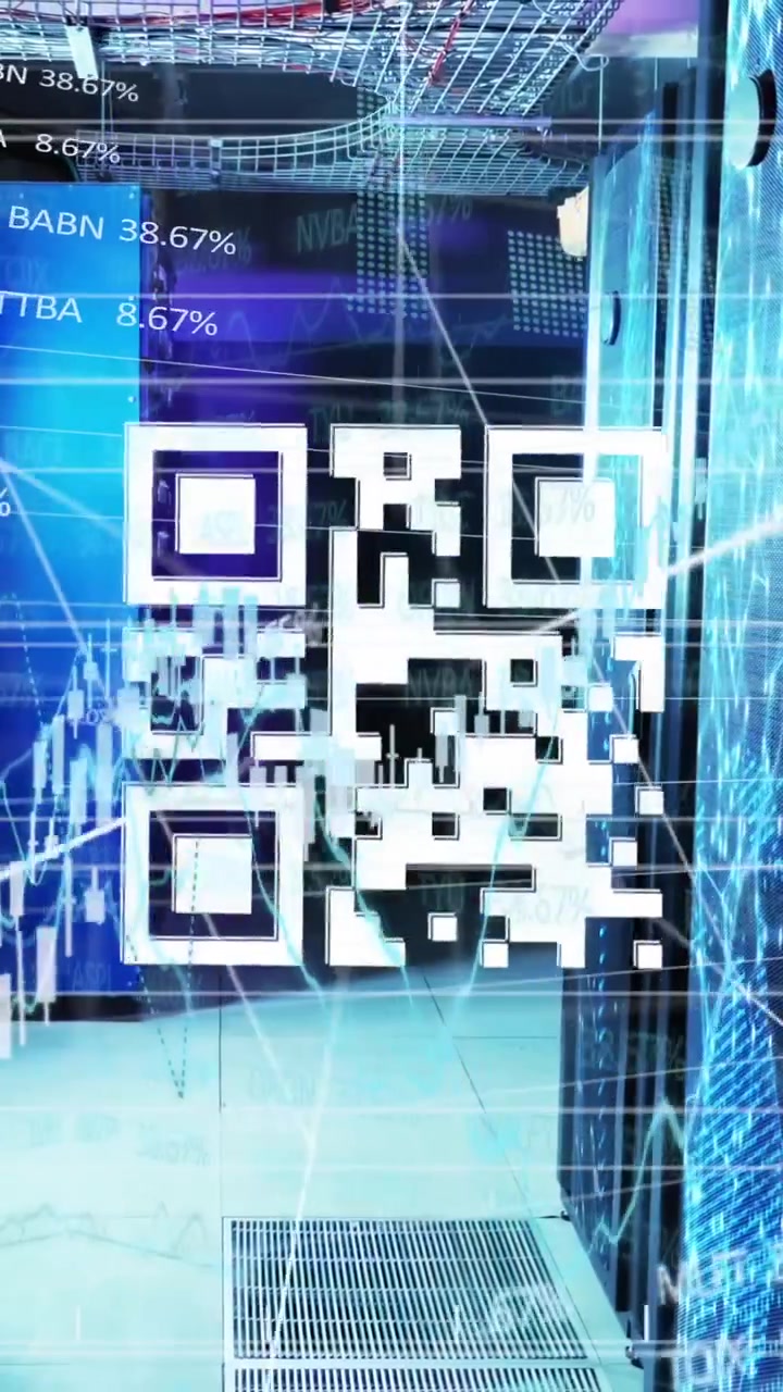 Animation of financial data processing over server room and qr code