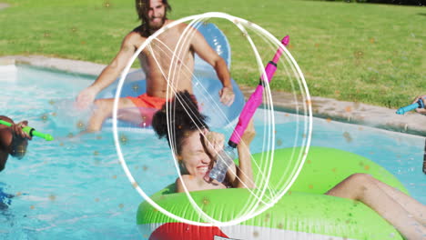 people enjoying pool with colorful floats and playful white swirl animation