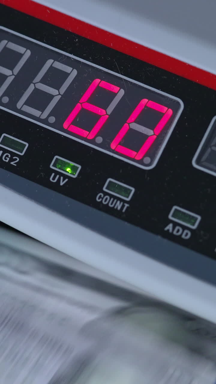 Numbers growing quickly on the display of cash counting machine. American dollars being counted in equipment. Close up. Vertical video