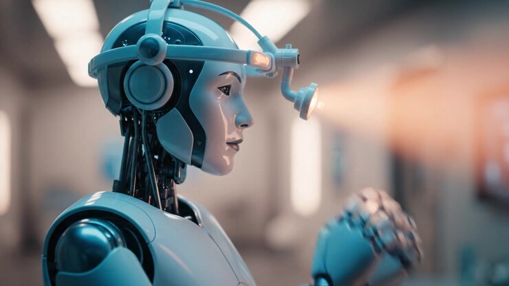 Figura robotica avanzata con luce montata sulla testa, che mostra design e tecnologia all'avanguardia in un ambiente futuristico, focalizzata su innovazione e funzionalità
