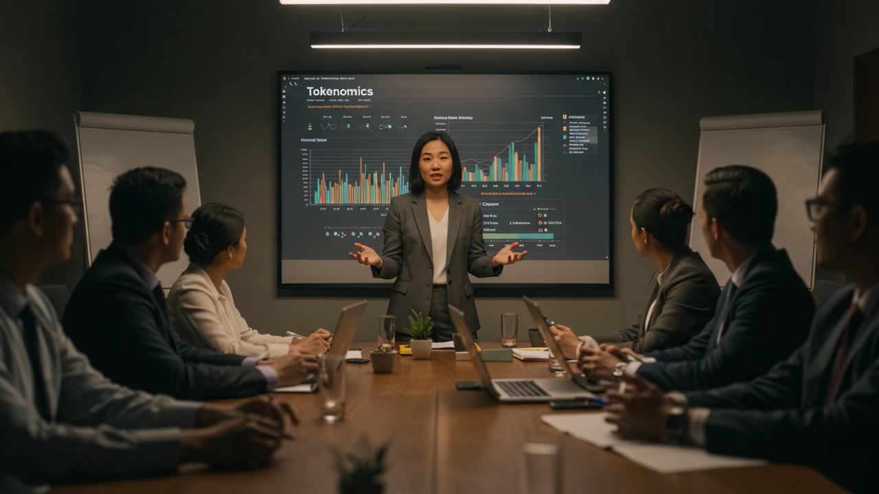 Engaging Business Presentation on Tokenomics: A Leader Inspires Insights and Analysis in a Professional Conference Room Setting