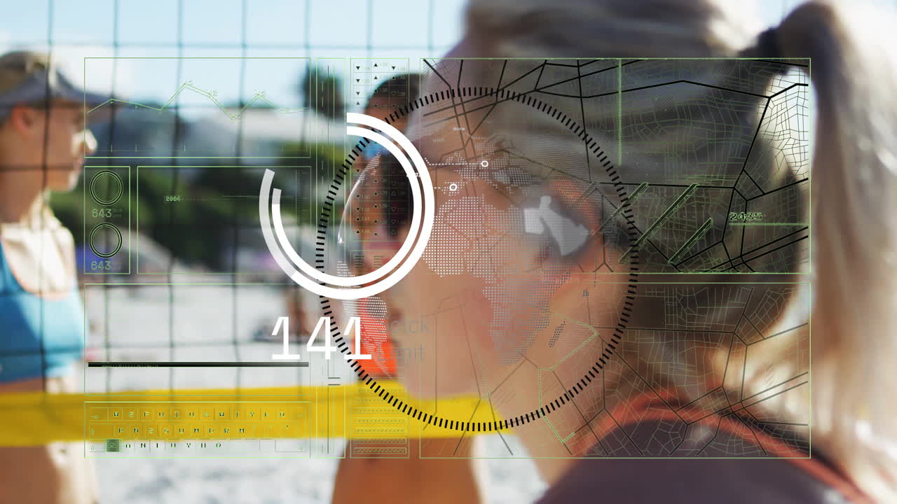 Playing beach volleyball, women with animation of digital data overlay