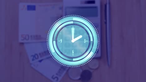 animación digital del tic-tac del reloj frente a los billetes en euros