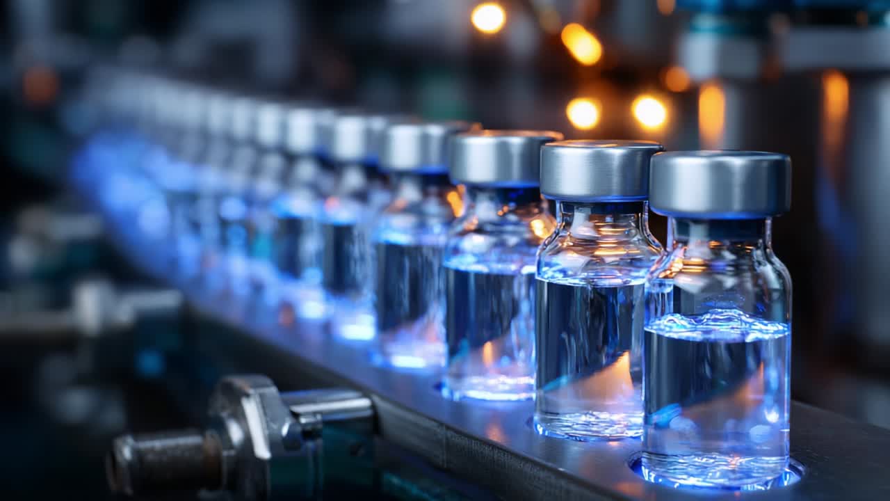 A Detailed View of a Modern Pharmaceutical Production Line Featuring Glass Vials Illuminated by Soft Blue Lighting, Highlighting the Intricate Process of Filling, Capping, and Preparing for Distribution