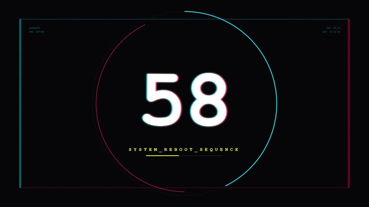 Digital Countdown Timer with Glitch Effects and System Reboot Sequence