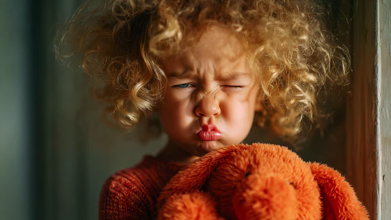 A Sad Child with Curly Hair Holding an Orange Stuffed Animal: Expressing Emotions and Vulnerability in a Softly Lit Setting