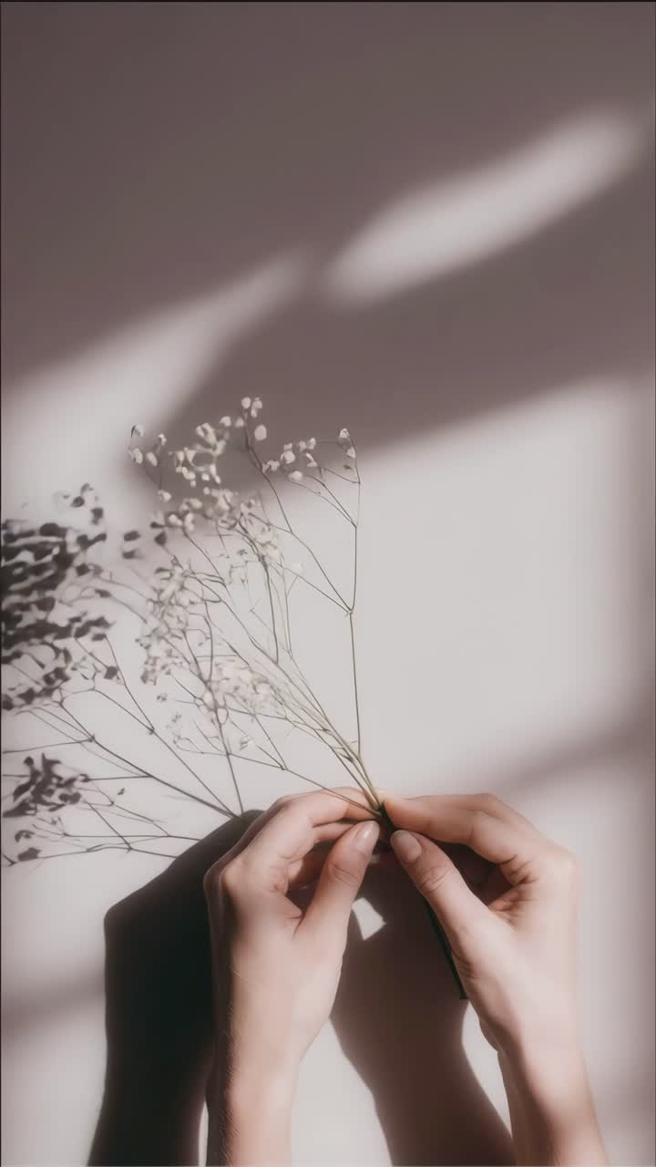 Aerial view of hands gently holding delicate flowers, casting soft shadows
