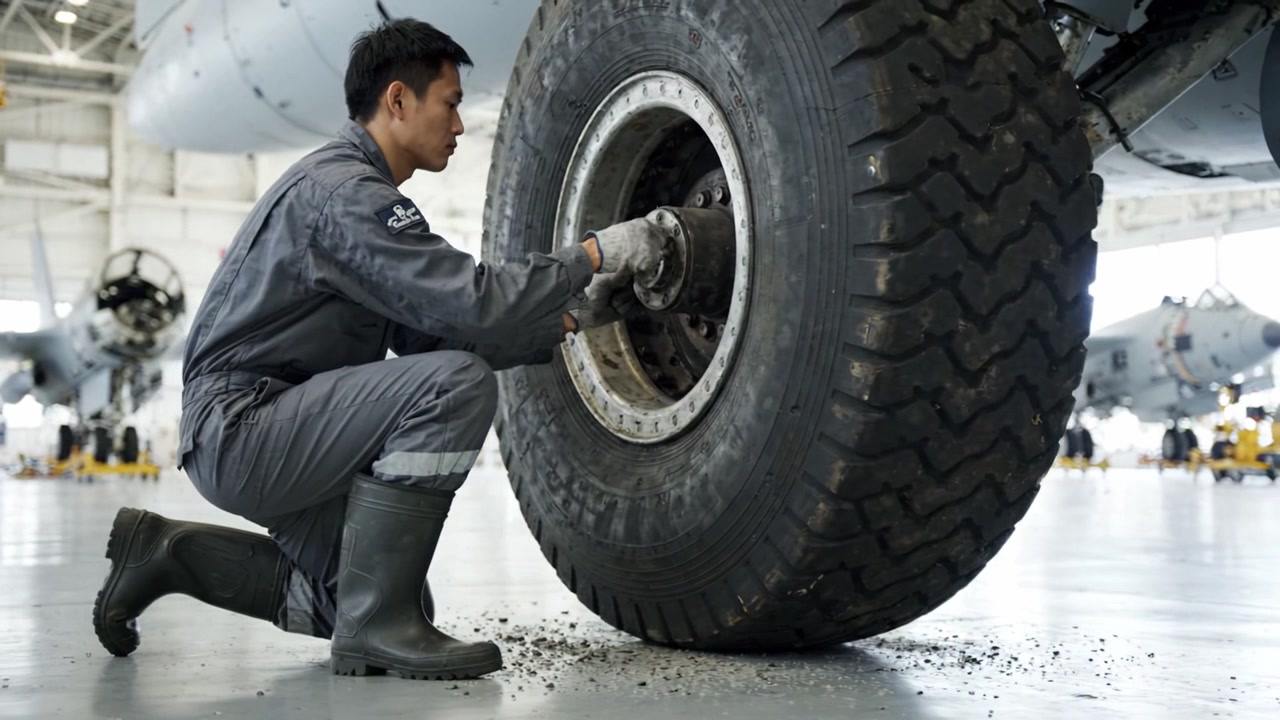 A technician performs vital maintenance on an aircraft tire, inspecting and ensuring its operational readiness to guarantee safe flights and ground performance.