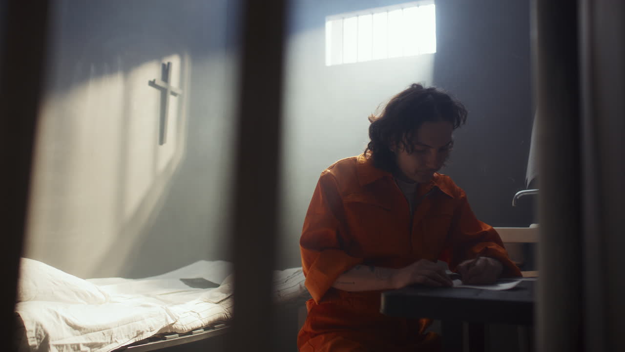 Inmate Writing Letter on Paper at Table in Prison Cell
