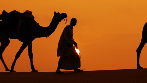 Cameleers,-camel-Drivers-at-sunset.-Thar-desert-on-sunset-Jaisalmer,-Rajasthan,-India.