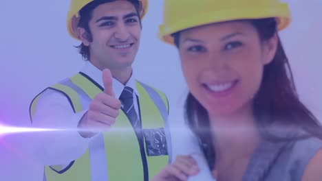 animación de puntos de luz sobre felices trabajadores y trabajadoras biraciales con el pulgar hacia arriba