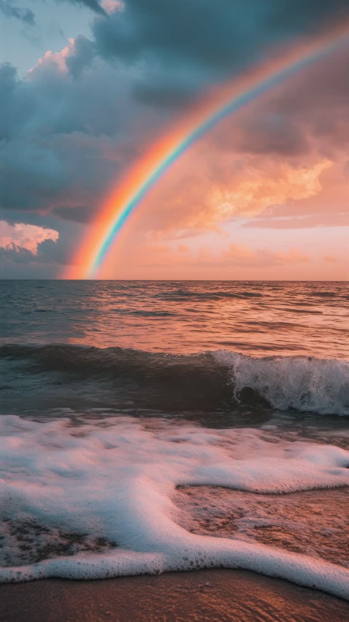 A mesmerizing sunset video captures a rainbow over the ocean, viewed from a low angle