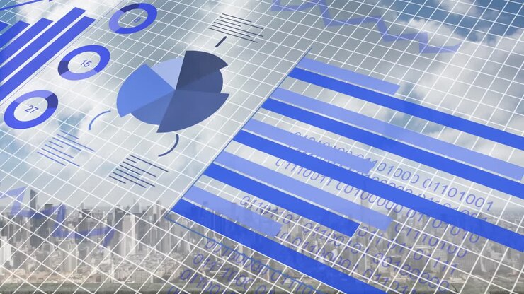 Animation of financial data processing over cityscape