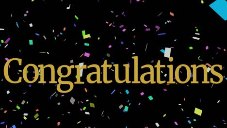 animation of congratulations text in yellow letters over confetti floating on black background