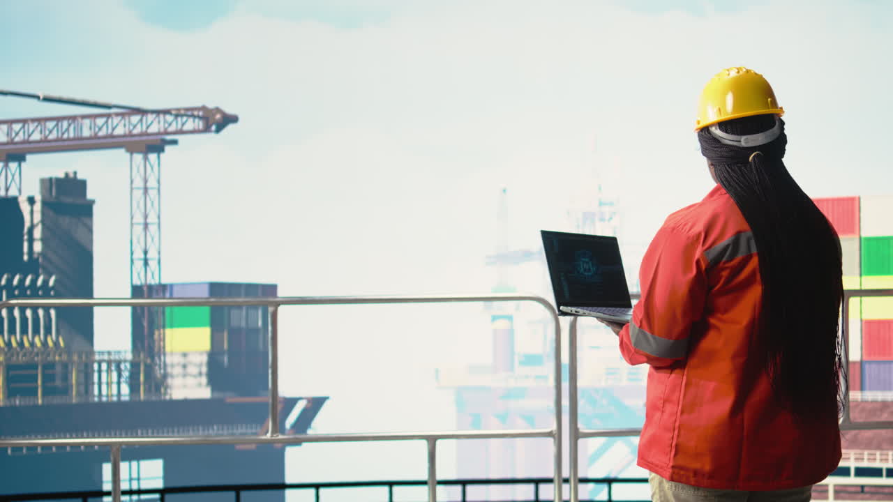 Vertical video Offshore platform worker using AI LLM to analyze subsea mapping data