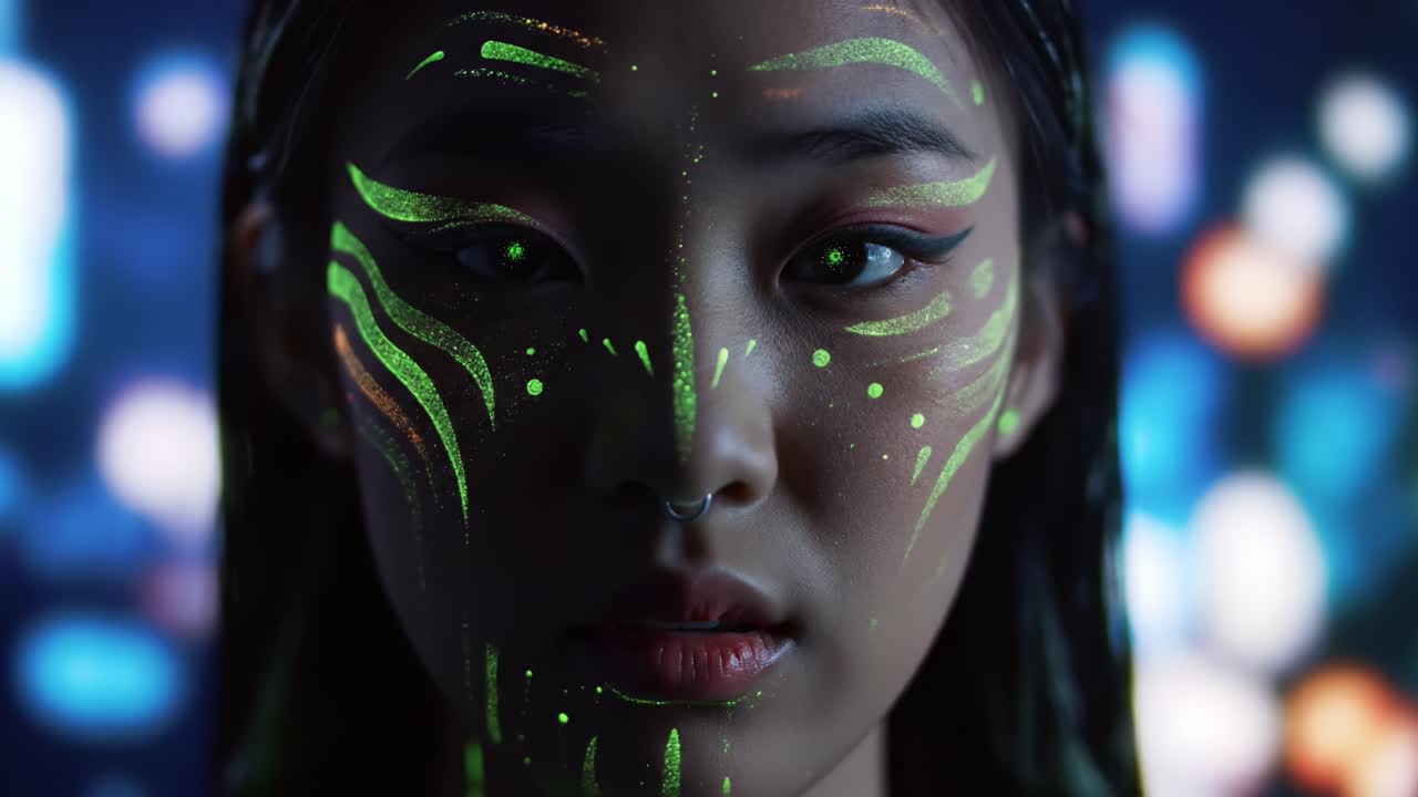 A young person showcases artistic glow paint on their face, set against a colorful urban backdrop at night. The intricate designs highlight creativity and modern artistry.
