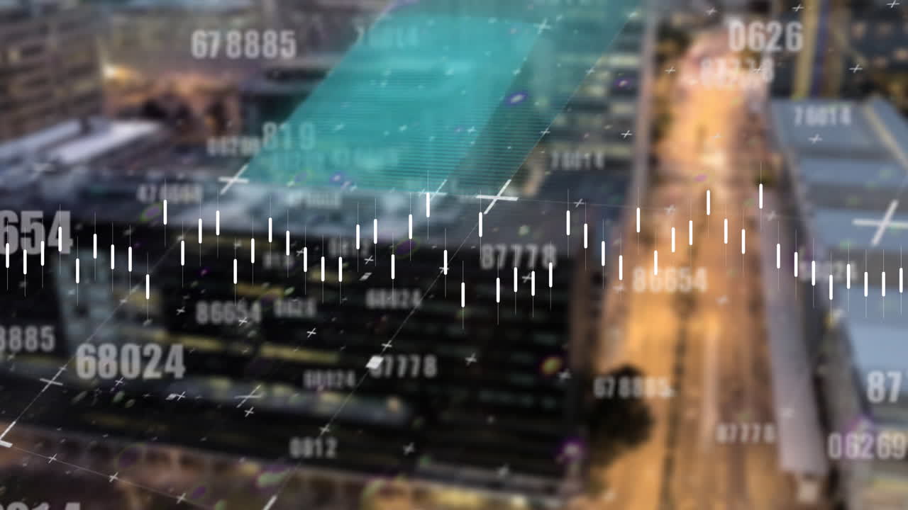 animación de senderos de luz, escala digital y números cambiantes contra la vista aérea del paisaje urbano
