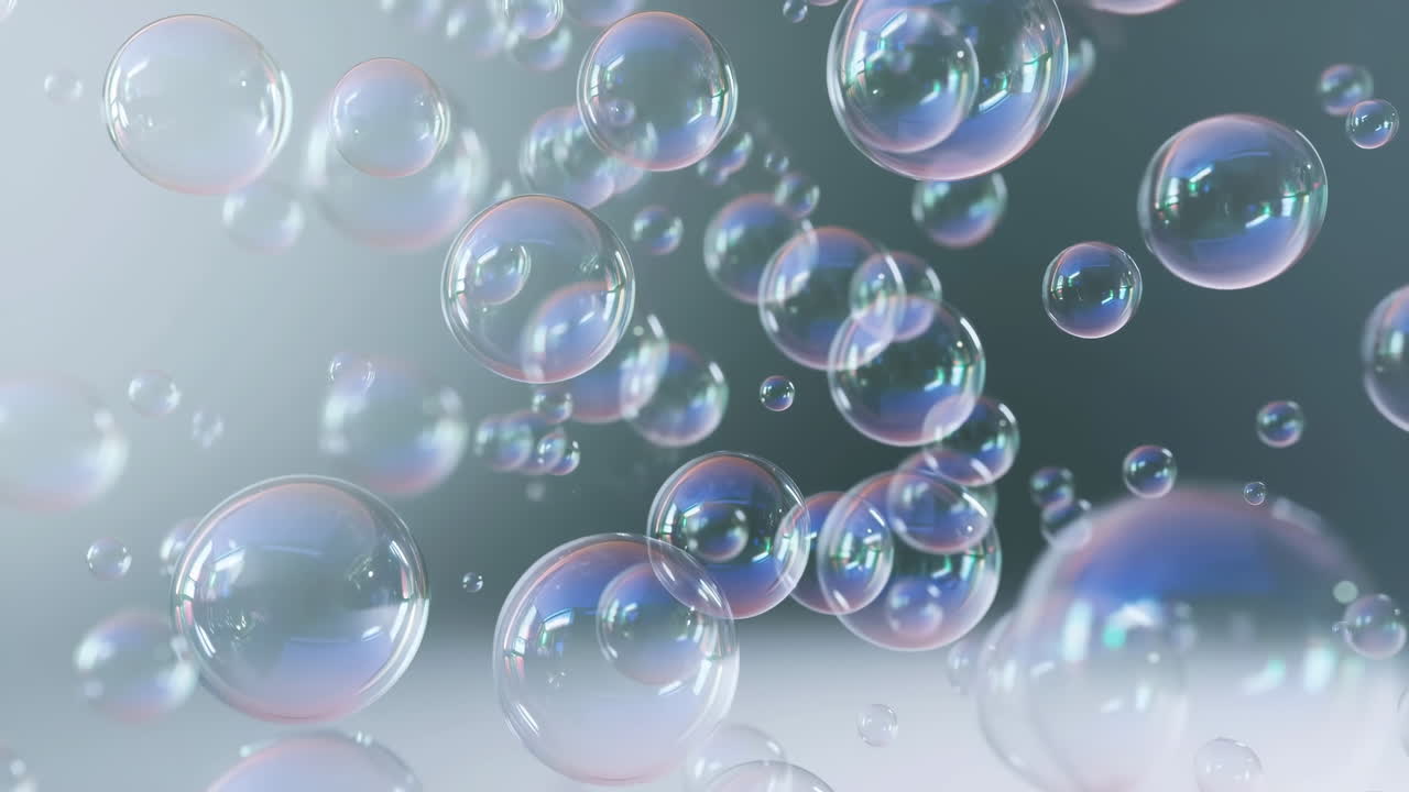 Iridescent Soap Bubbles Drift Through Frame, Transparent Spheres Reflect Pastel Light With Glossy Sheen,
