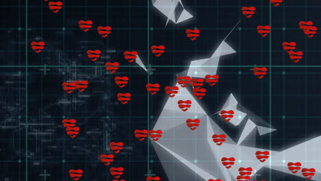 animation of shapes and hearts over data processing on black background