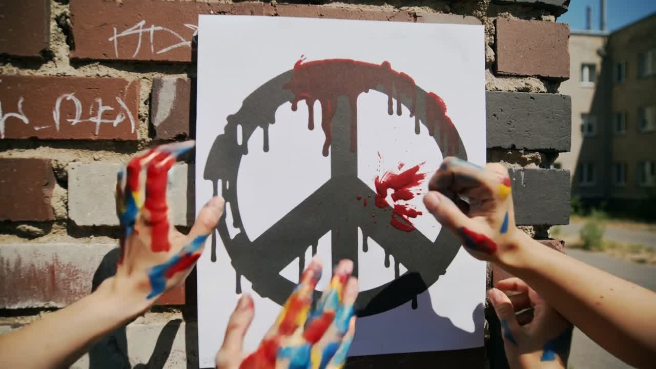 Applicando pittura rossa, mani che premono e spalmano un poster con il simbolo della pace nero su un muro di mattoni, creando arte.