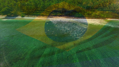 Digital-composition-of-waving-brazil-flag-against-aerial-view-of-the-sea