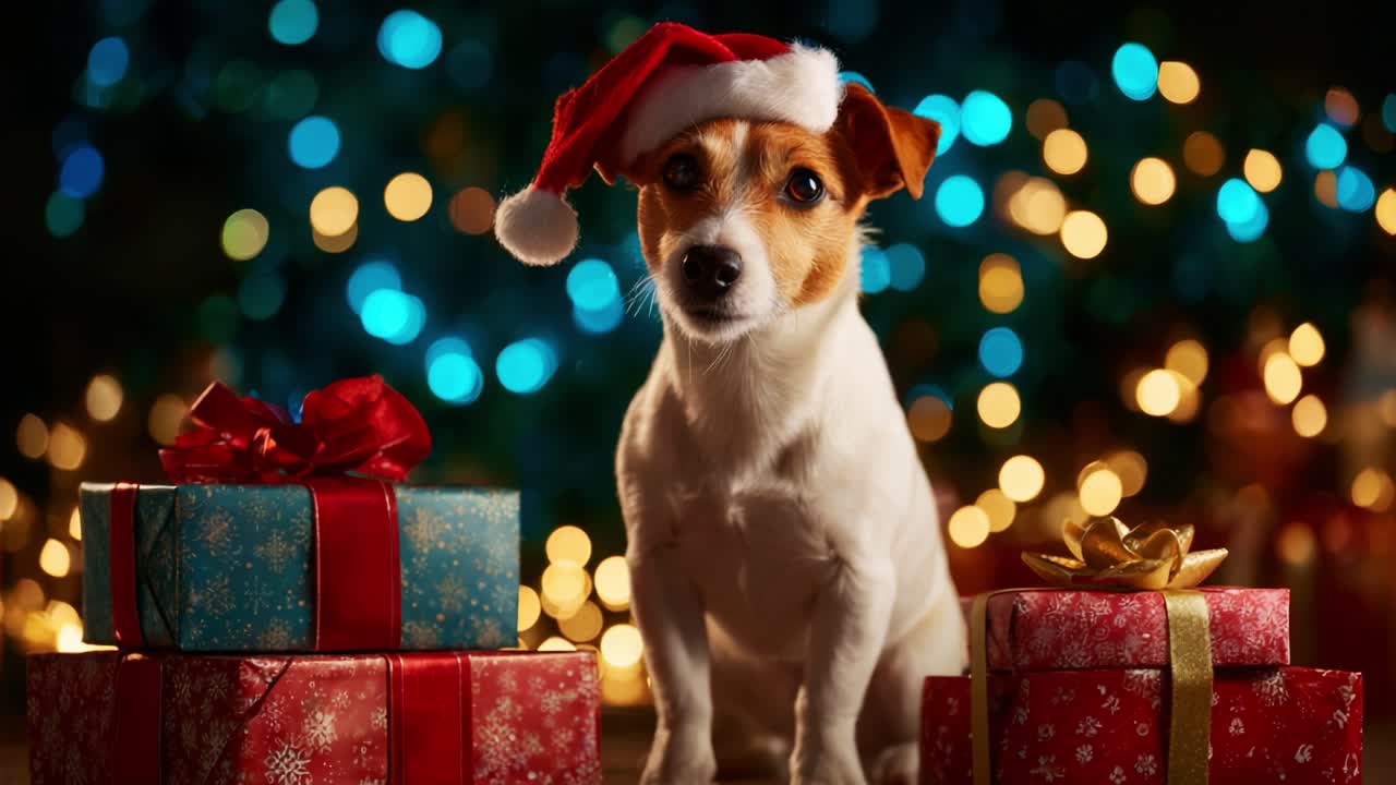A Charming Dog in a Santa Hat Poses Gracefully Amidst Colorful Presents, Illuminated by Soft Bokeh Lights Creating a Festive Atmosphere Perfect for Celebrating the Joys of the Holiday Season